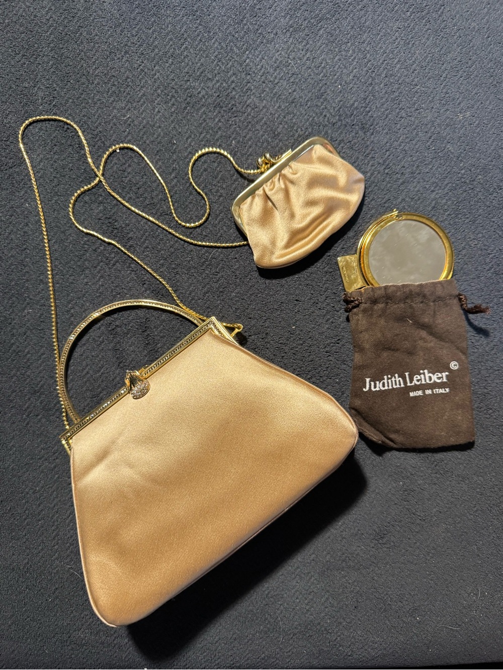 Judith Leiber Champagne Gold Satin Evening Handbag with Coin Purse